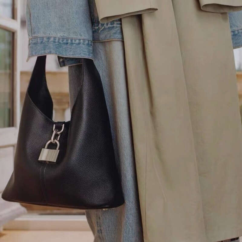 New Locker Lock Hobo Litchi Pattern Basket Bucket Bag First Layer Cowhide Single Shoulder Handbag