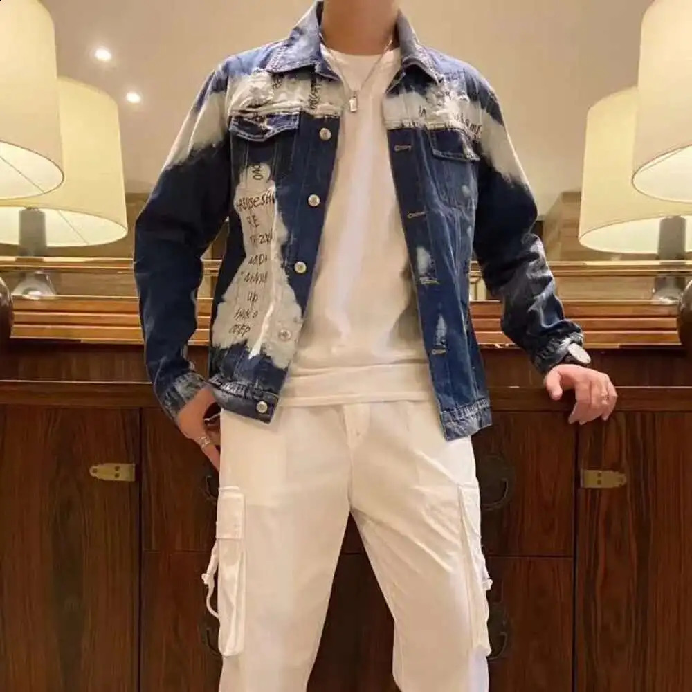 Hole Letter Label Printing Fashion Mens Denim Slim Fit Bomber Jacket Mens Autumn Casual Hip Hop Denim Jacket Veste En Jean 250529