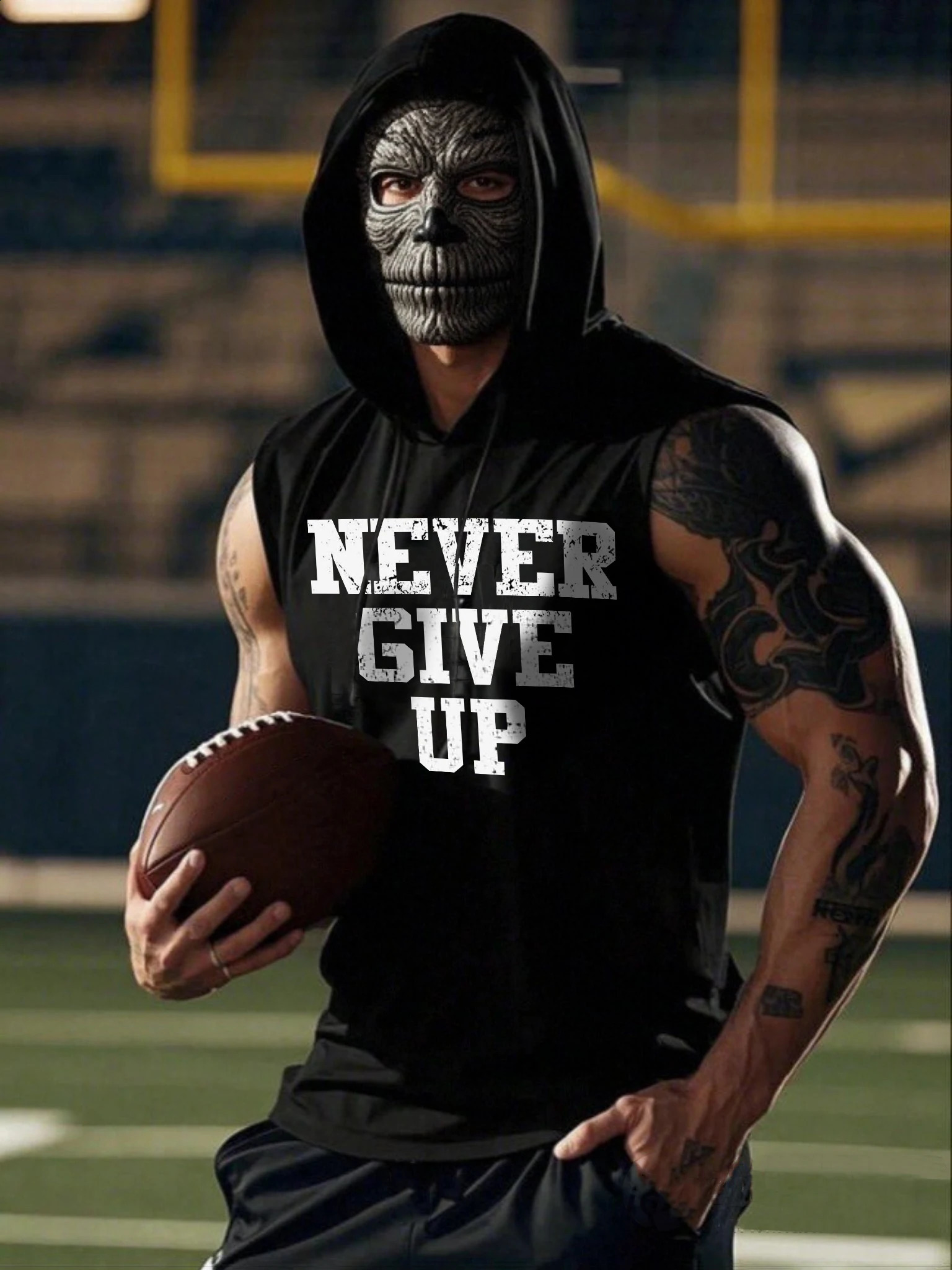 Mens Sleeveless Hooded Vest with the Inspiring Never Give Up Personalized Print Summer Letter n Exuding Street S 250527
