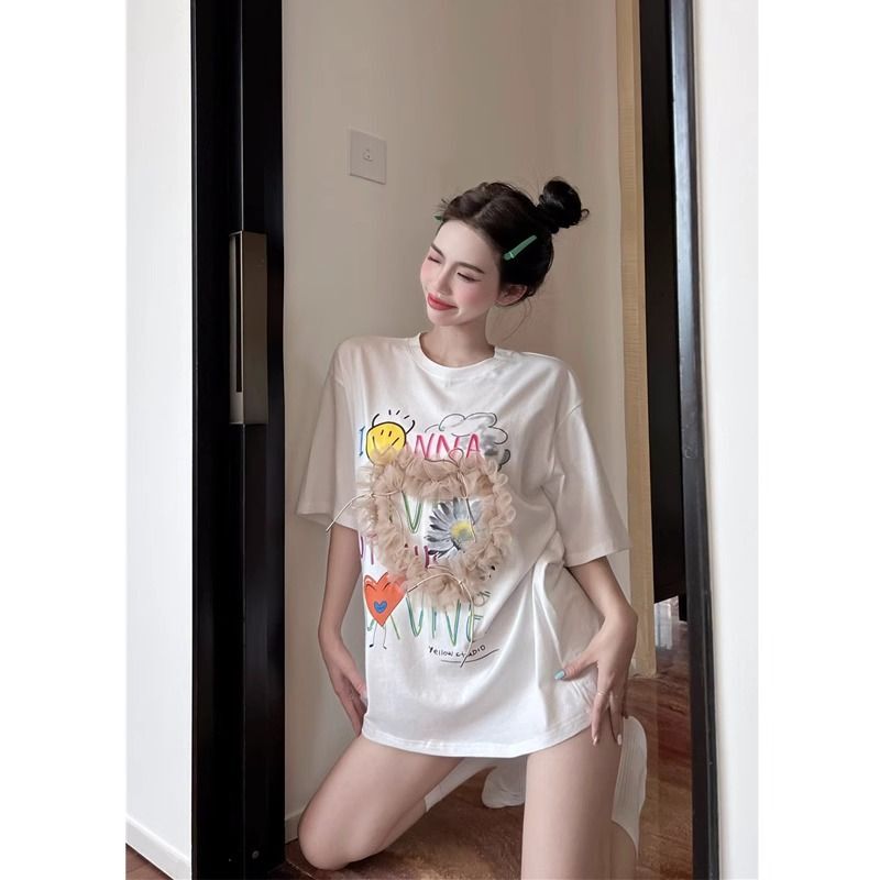 2025 Spring Summer Women's New T-shirt New Heart shaped Cotton Women's Short sleeved T-shirt Round Neck Fashion Designer Street Fashion Mult