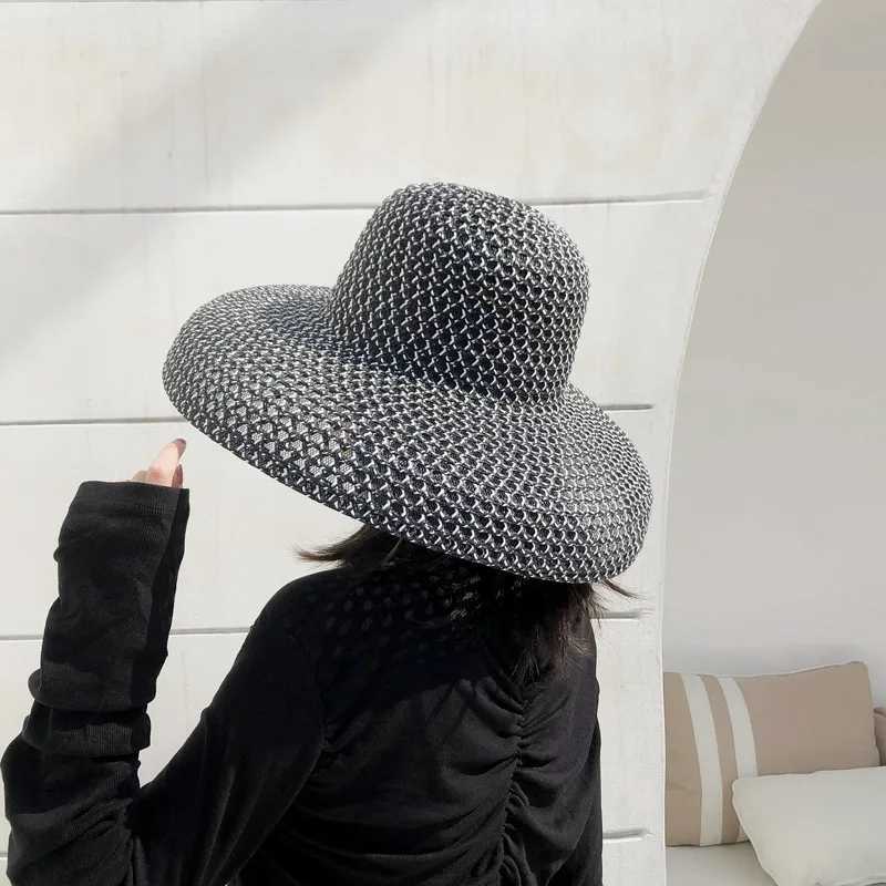 Summer PP black and white straw hat sun hat sunscreen holiday seaside beach big brim summer sun hat W250602