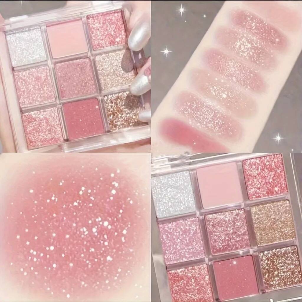 9 Color Pink Eyeshadow Palette, Waterproof, Long-Lasting, Pearly Glitter Finish