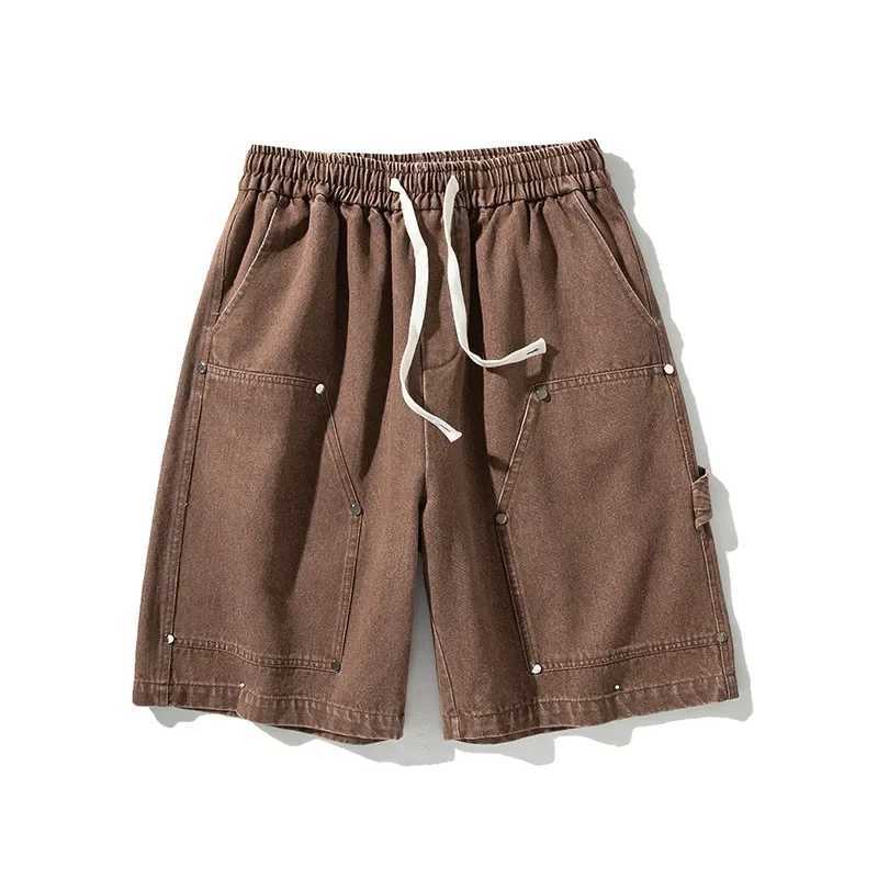 American Retro Light Blue Lumber Cargo Denim Shorts Men Draw Rope Loose Casual High Street Summer Mens Short Pants T250603