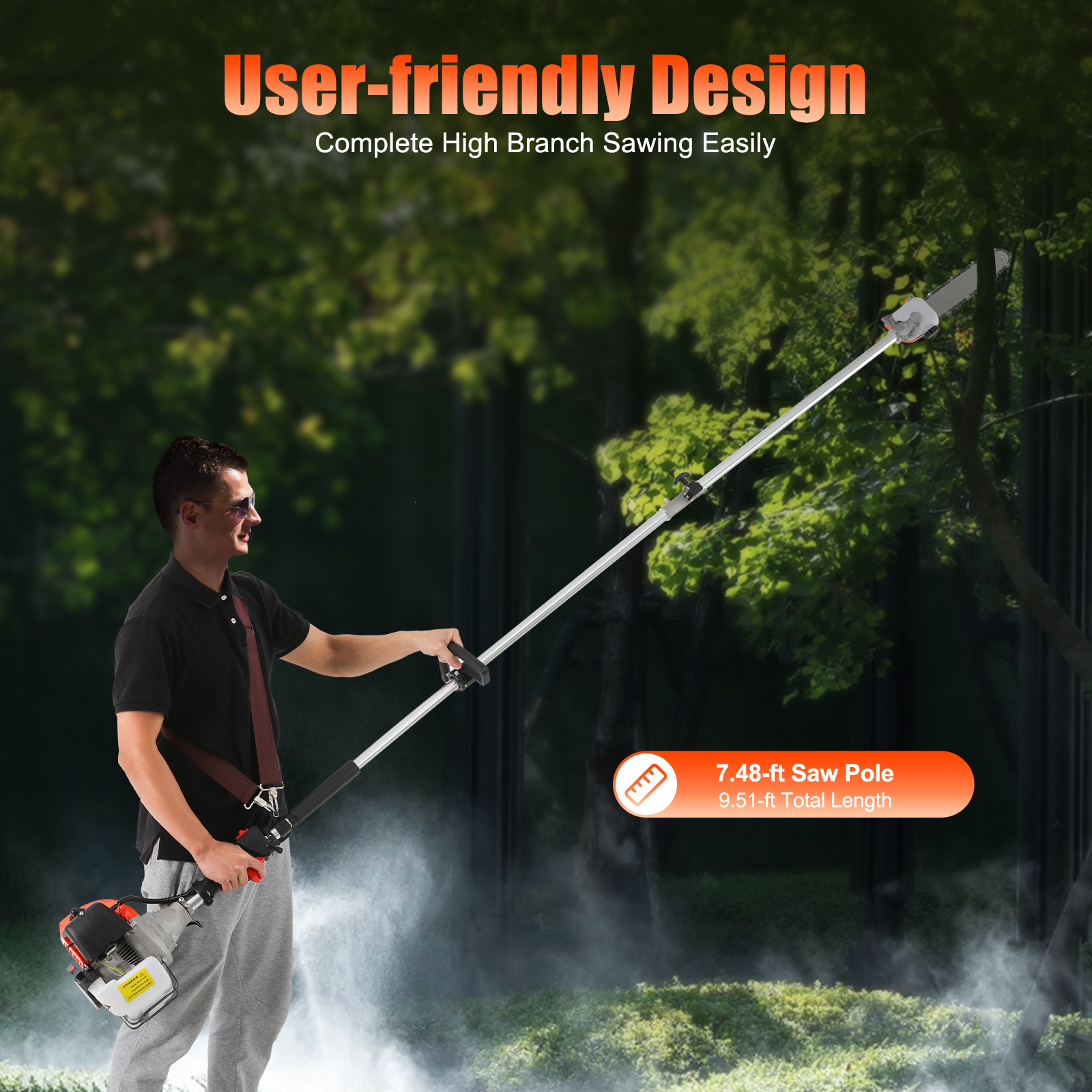 2-Stroke 52cc Pneumatic Chainsaw Pole Saw, Air-Cooled Pruner Gas Powered Tree Trimmer Tool Pruning Saw for Agricultural Gardening High Branch Saw