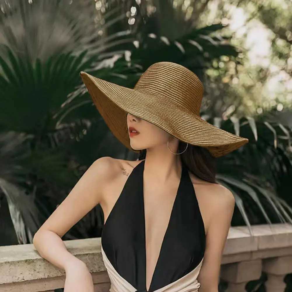 Korean Style Solid Color Wide Brim Sun Hat Womens Beach Straw Hat Foldable Spring Summer UV Protection Fashion Sunshade W250602