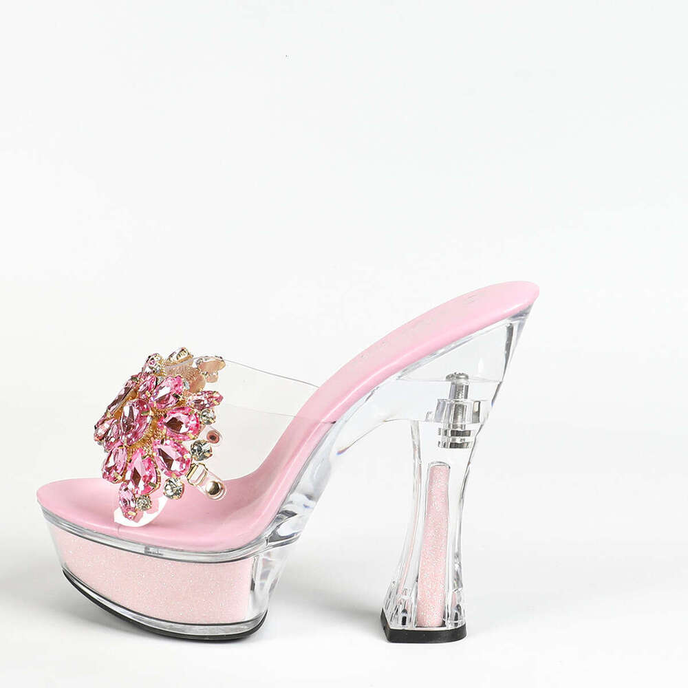 Super High Heels Sexy Glass Rhinestone Chunky Heel Party Slippers Summer Transparent Waterproof Platform Thick Sole Crystal Shoes For Women Platform H