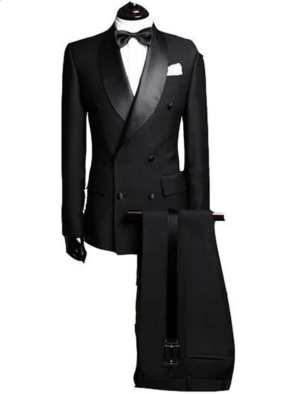 2 Pieces BlackGray Mens Formal Jacket Pants Slim Fit Double Breasted Suits Business Wedding Tuxedos for Men Casual Clothing 250529