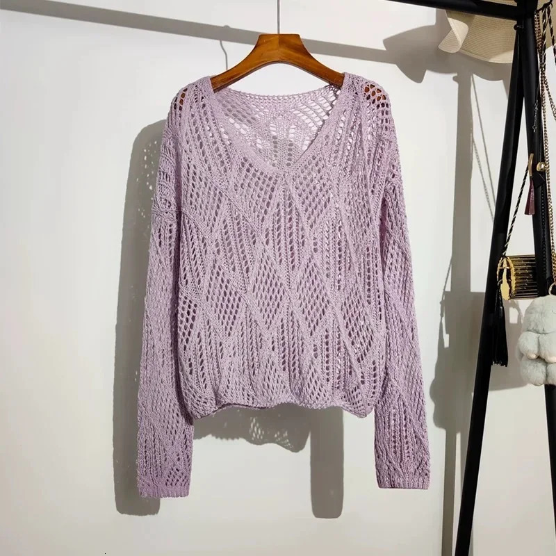 Pullovers Women Pointelle Knit Top Long Sleeve Semi-Sheer Sweater Jumper Spring Summer Fairycore Outfit 250603