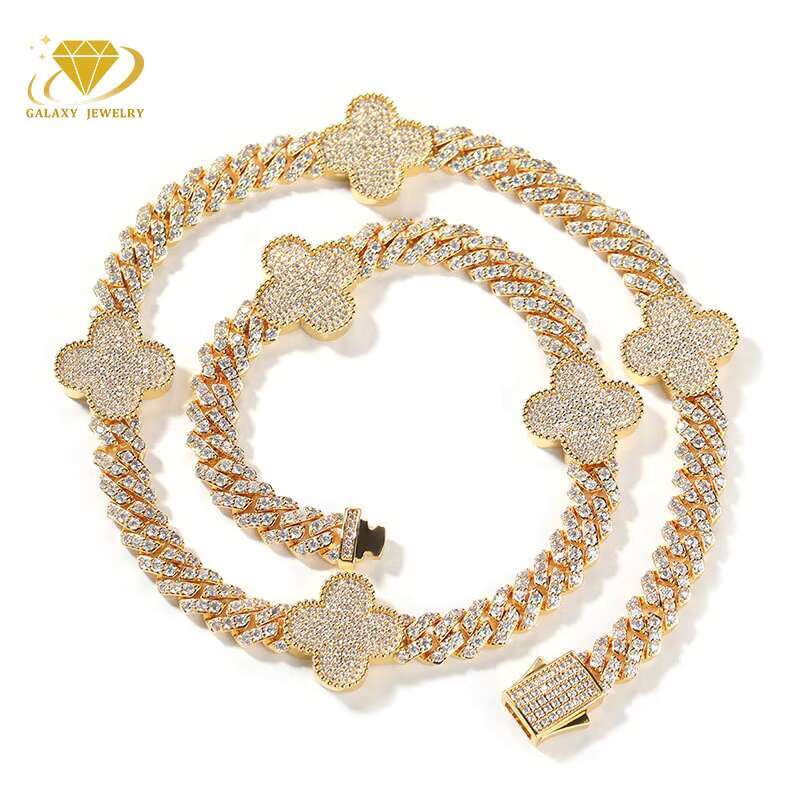 New Arrival Moissanite Chain Silver 925 Hip Hop Lucky Four Leaf Clover Moissanite Miami Cuban Link Chain Bracelet Necklace