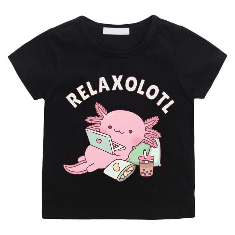 Cute Relax A Lot Axolotl Kids T-shirt Cartoon Funny Pun Graphic Clothes for Boys/Girls Cotton Short Sleeve Kids Summer Tops Tees T250603