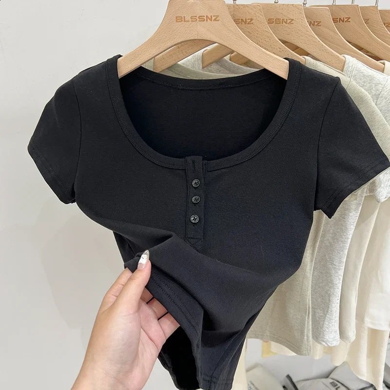Summer Women T Shirt Button T-Shirt Woman Clothes Tops Cotton Slim Tshirt Female Short Sleeve Top Summer Tee Sexy Canale Y2k 250529
