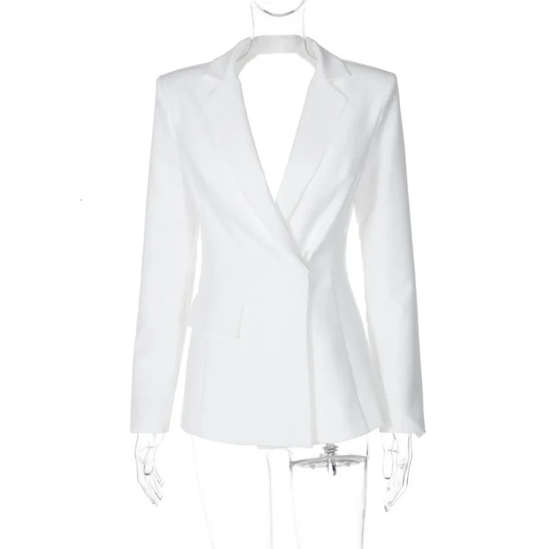 Elegant Blazer Coat Women Office Lady Fashion Sexy Backless Pockets Suit Jacket Spring Chic White Casual Slim Outerwear 250526