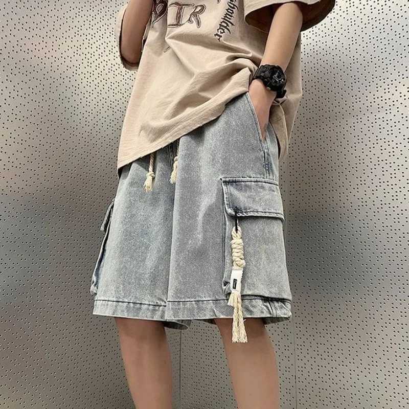 Mens Short Jeans Pants Drawstring Original Summer Male Bermuda Denim Shorts Korean Fashion Y2k Retro Distressed Buttons Cowboy T250603