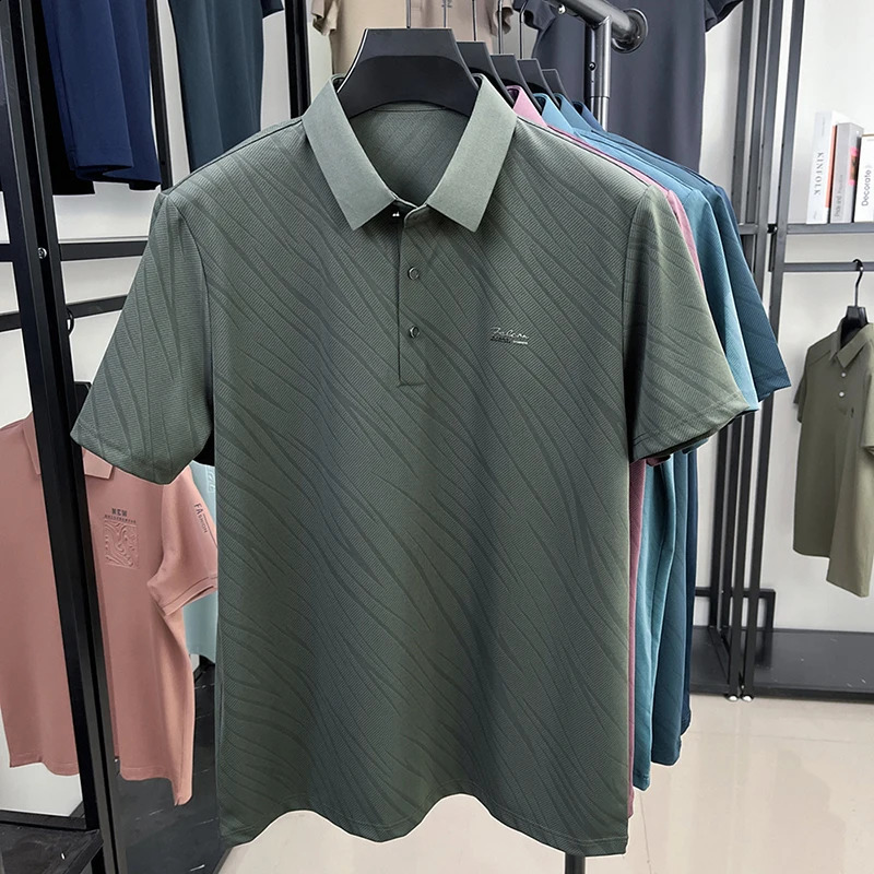Fashion line printed mens short sleeve polo shirt trend summer item business casual solid color lapel Tshirt 250529