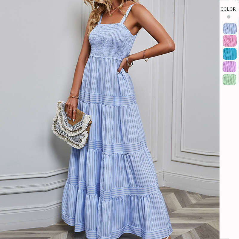 Self-Shot Spring/Summer New Women's Fashion Striped Waist-Cinching Vacation Dress B5