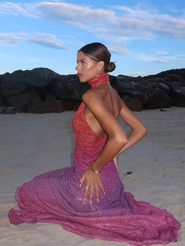 Rainbow Color Backless Halter Dress Women Knitted Sequins Fashion Sleeveless Holiday Dresses Spring Beach Party Lady Robes 250603