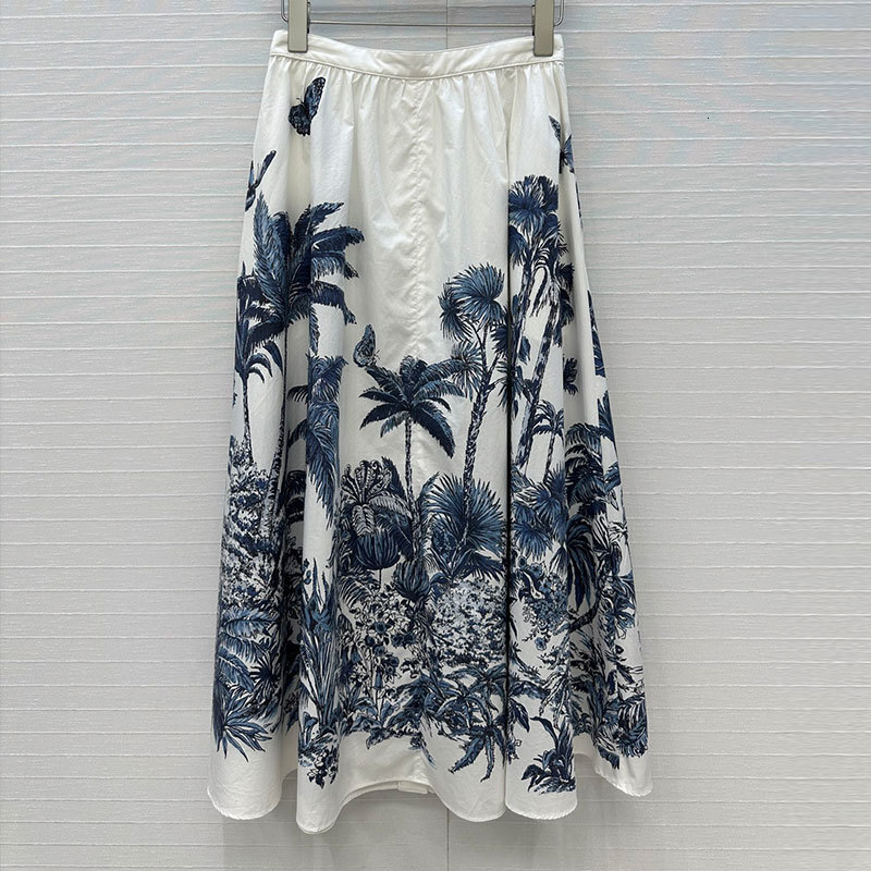 Summer Women's Butterfly Palm Print Cotton Midi Skirt Trendy High-Waist Button Front Classic A-Line Classic Designer Retro Luxury Clothing