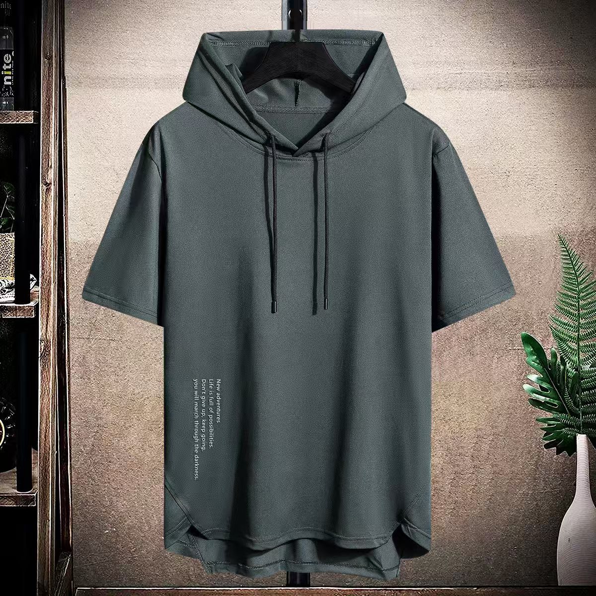 Men's Hoodies Solid Color Men's Hooded Short Sleeved T-Shirt Men's Summer Breathable Loose Hooded Sweatshirt Trendy Men's Thin Fit