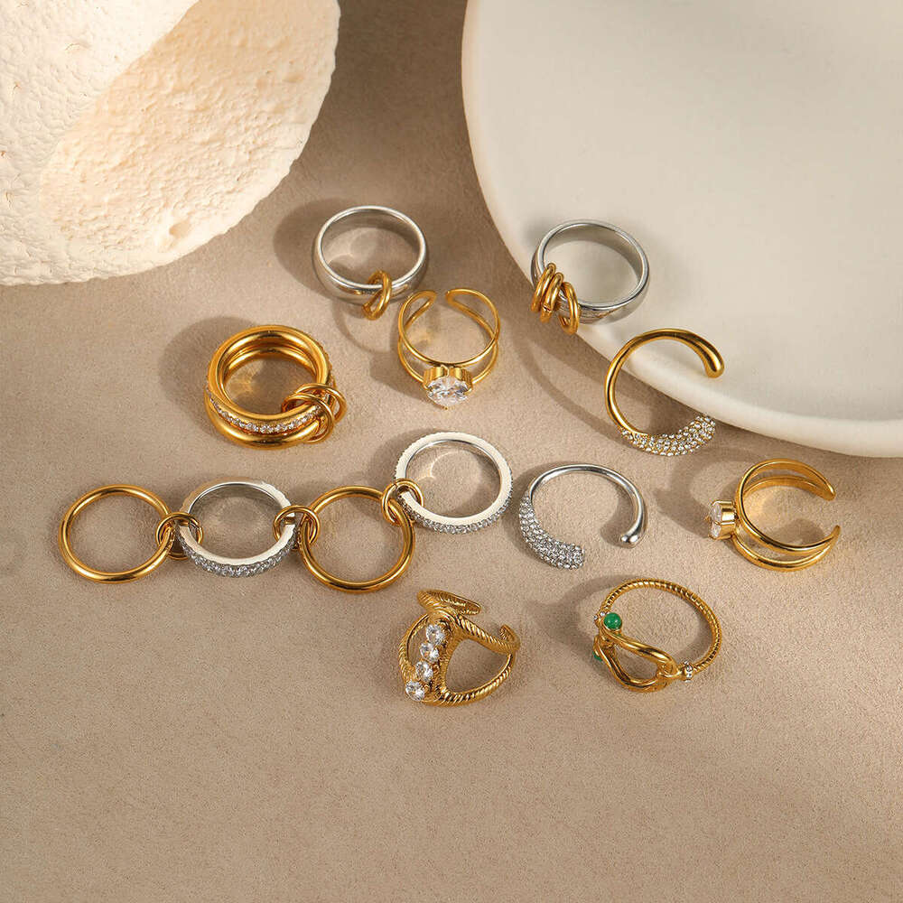 Multi-layer Stacking Metal Texture INS Style Fashion Stainless Steel Gold-plated Personality Rings