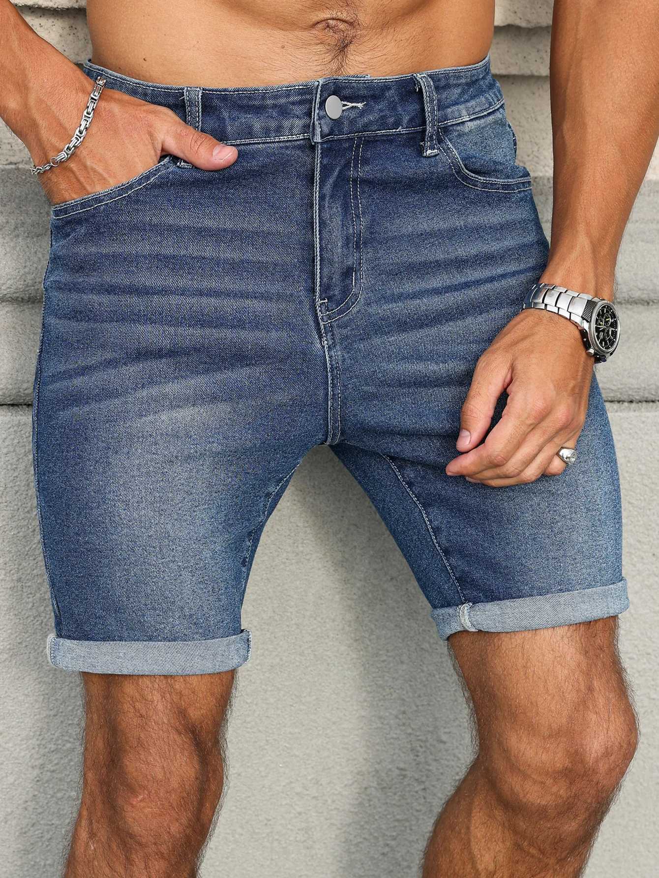 Mens Summer Denim Shorts with a Blue Retro Texture. The style is simple casual and street-style. T250603