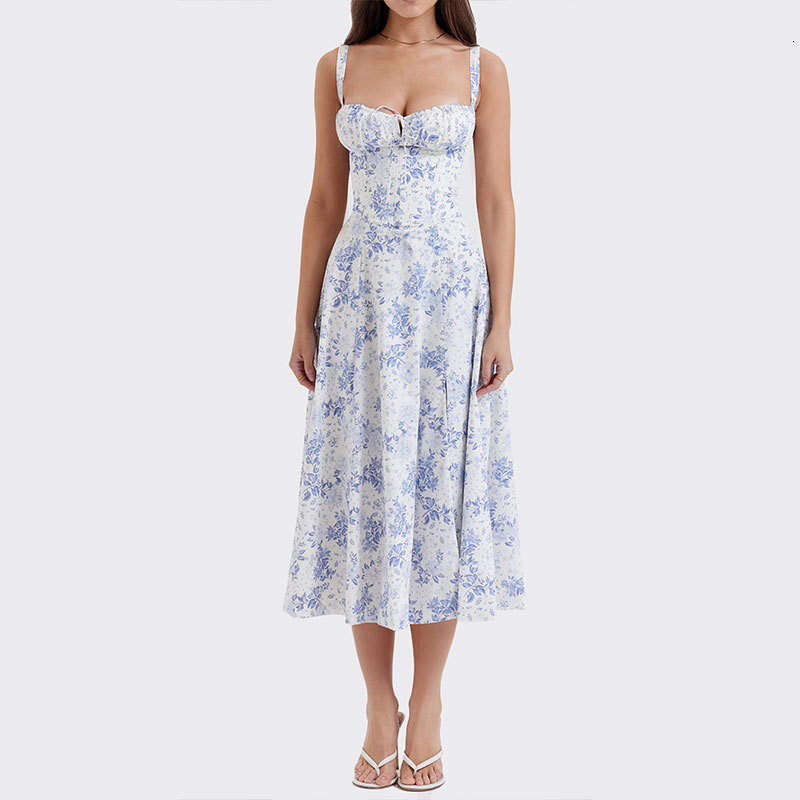 European and American Women's Floral Square Neck Sexy Slit Big Swing Spring Dress for Women 2025 New Casual Fashion Trend Clothing