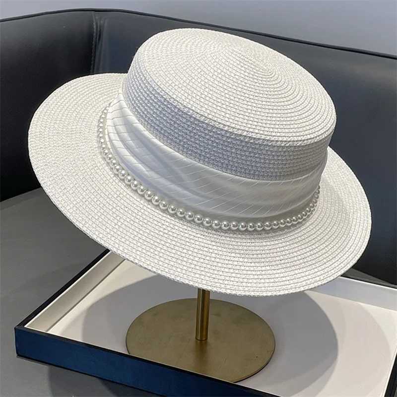 Women Summer Straw Hat Decorative Pearl Wide Brim Flat Top Hat Bucket Hats UV Protection Beach Holiday Sun Cap W250602