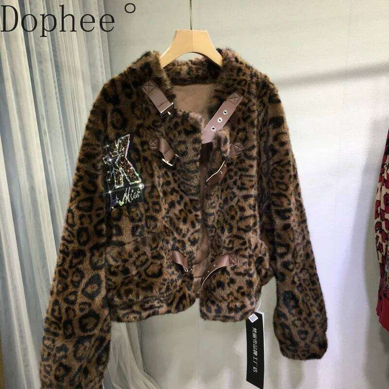 2024 New Autumn Winter Leopard Jacket Women Hot Drilling Stand Collar Loose Cardigans Coat All-match Faux Fur Overcoat