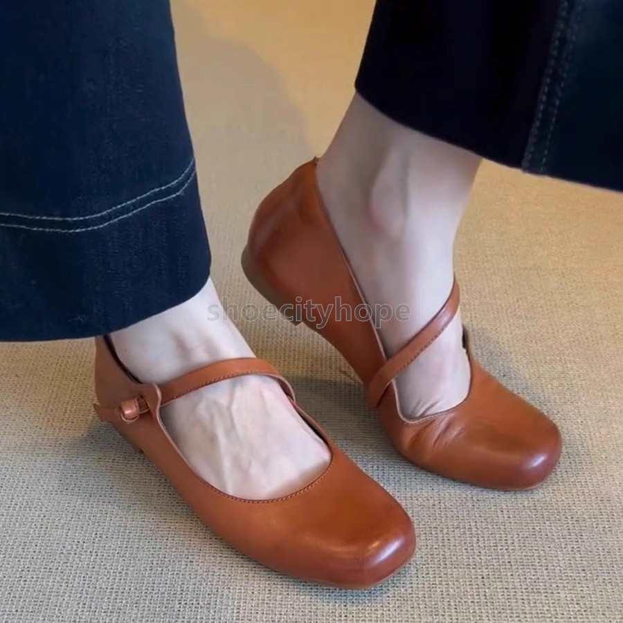 Retro loafers womens ballet flats heel Mary Jane shoes brown black minimalist French round toe single strap Daily Versatile summer slip-on women shoes