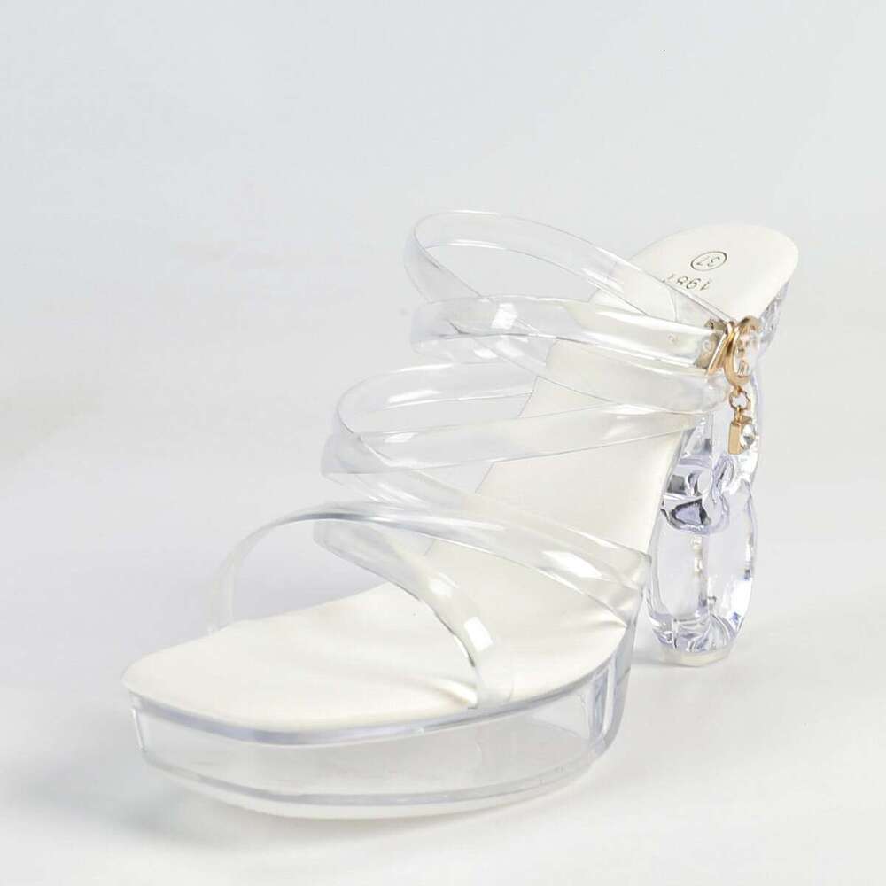 Super High Heels 1988-Q19 New 12Cm Sexy Car Fashion Transparent Nightclub Crystal Square Toe Non-Slip Sandals Platform High Heels