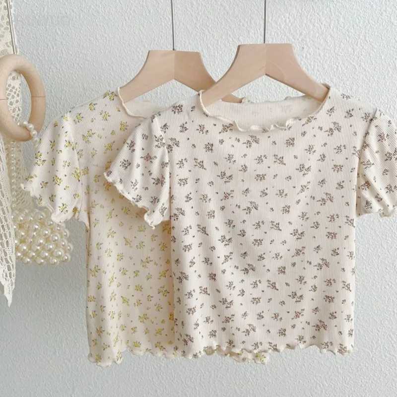 1-6Y Girls Summer Clothes T-shirt Versatile Childrens New Korean Small Floral Baby Ruffled Edge Short Sleeve Thin Knitted Tops T250603
