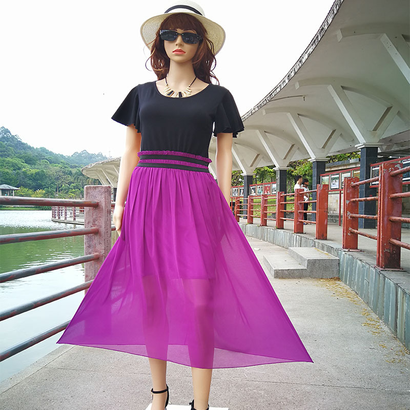 women's wear 2025 New Chiffon Patchwork Color Block Flared Plus Size Women's Dress