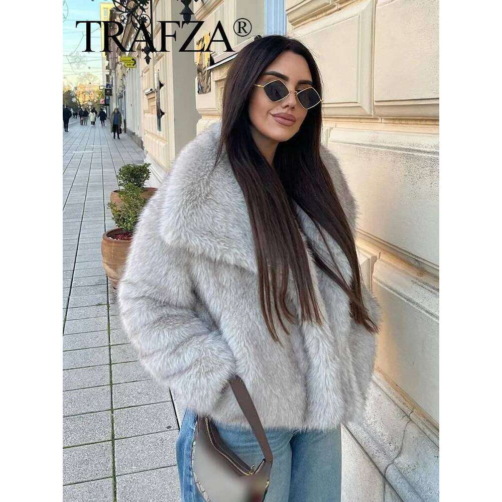 TRAFZA Winter Fashion Faux Fur Jacket for Woman Elegant Loose Long Sleeve Lapel Warm Coats Pocket Female Chic Open Front Outwear