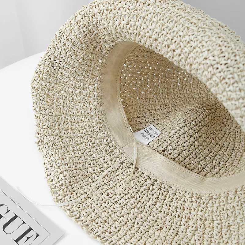Womens Korean Style Straw Bucket Hat Floral Adjustable Sun Protection Sun Hat Breathable Foldable Beach Hat for Summer Outdoor W250602