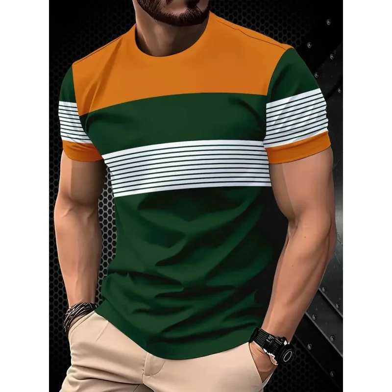 Stripe Splicing Pattern T Shirt For Men Colorful 3D Printed T-Shirts Summer Casual Round Neck Tees Loose Short Sleeve Tops W250603