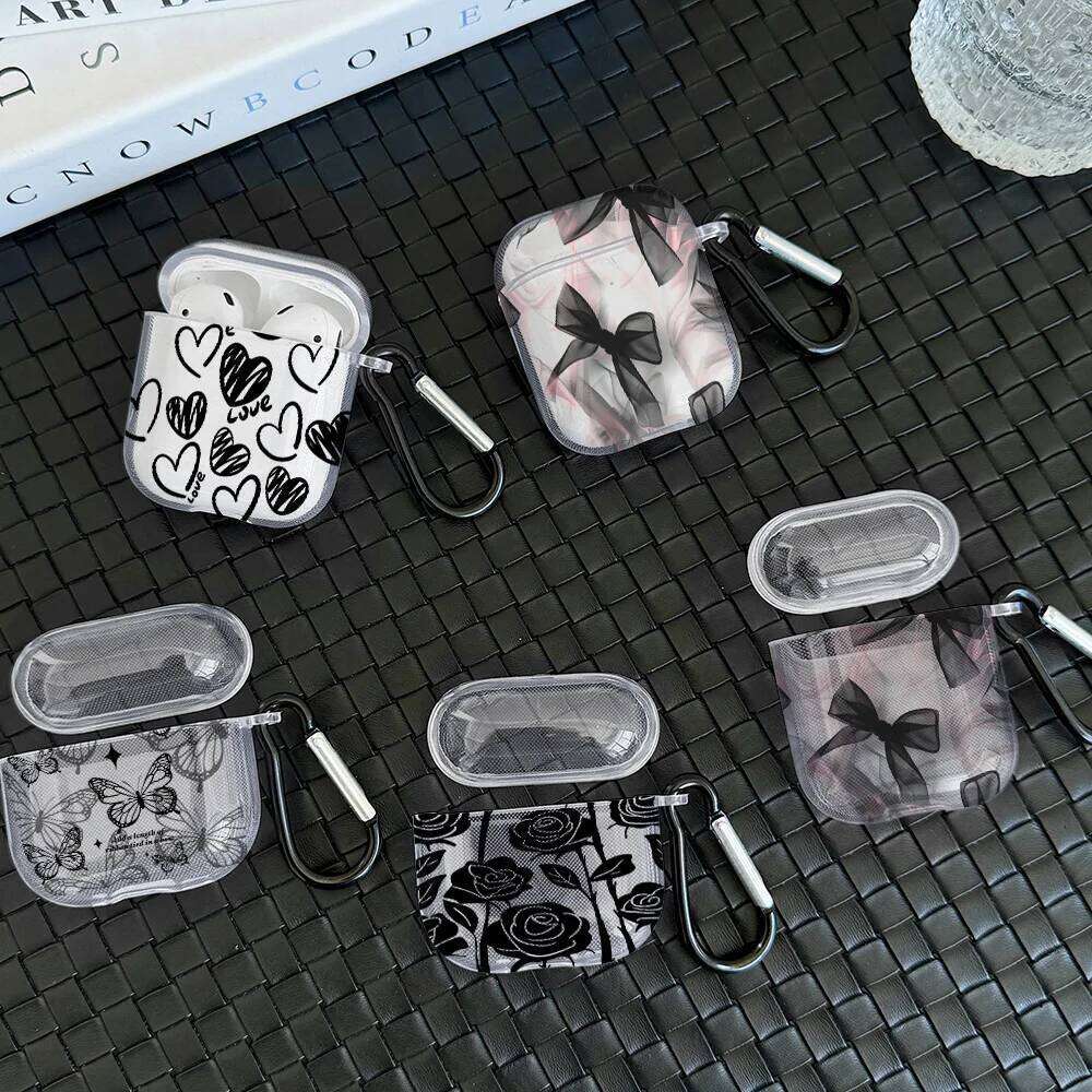Black Heart Bow Design Pro 2/Pro TPU Earbuds Case For 4 2024 3 1 2 Gen Earphone Protective Cover