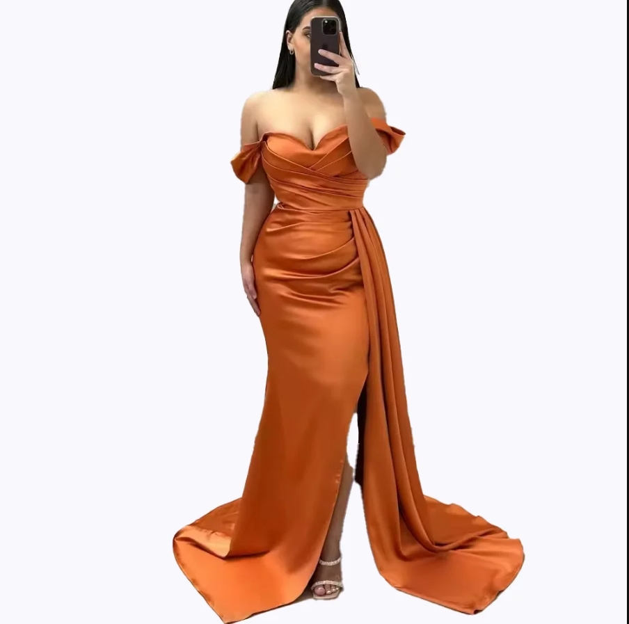 Mermaid Bridesmaid Dresses Off Shoulder Orange Maid Of The Honor Gowns Side Split Party Wedding Guest Dress Plus Size