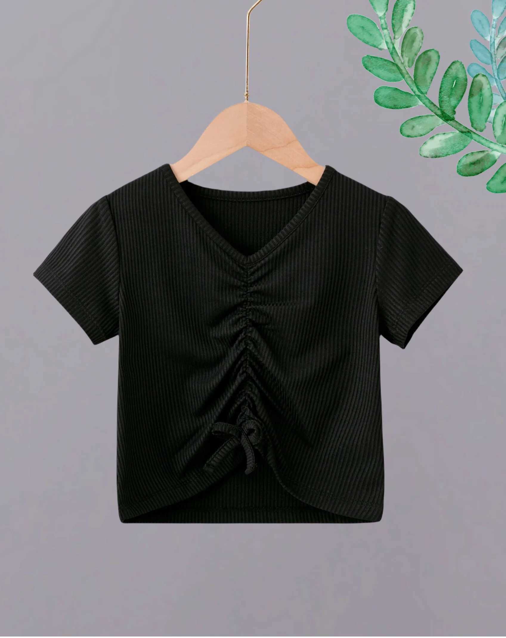 Girls Summer Drawstring V-neck Short-sleeved T-shirt Thin High-waisted Short Black Belly-button Sweet and Spicy Casual Shirt T250603