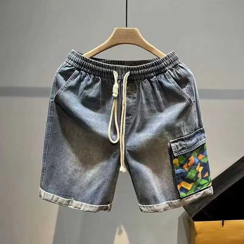 Mens Denim Shorts Multi Color Split Hip Hop Short Jeans Pants for Men Drawstring Streetwear Korean Fashion Blue Cut Original Sale T250603