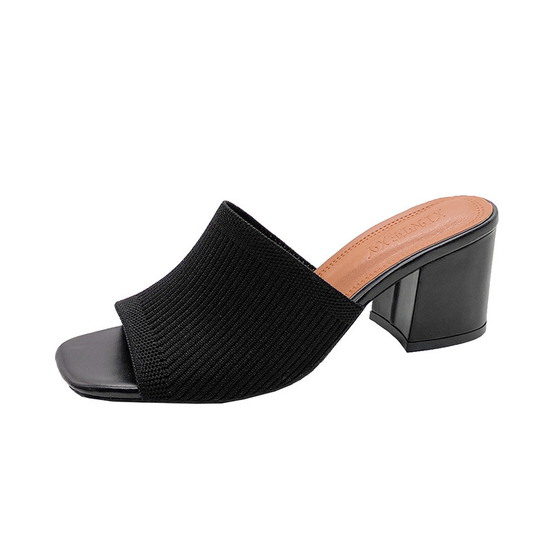 designer 2025 European and American New Fashion Women's Shoes Fashion One-Strap Thick Heel Knitted Wool High Heel Square Toe Sandals