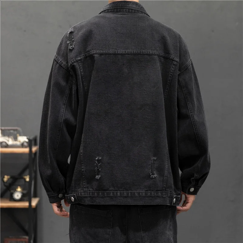 Spring Autumn Mens Denim Jacket Cotton Hole Jeans Jackets Men Coat Loose Casual Denim Streetwear Hip Hop Jean Jackets Coat 250529