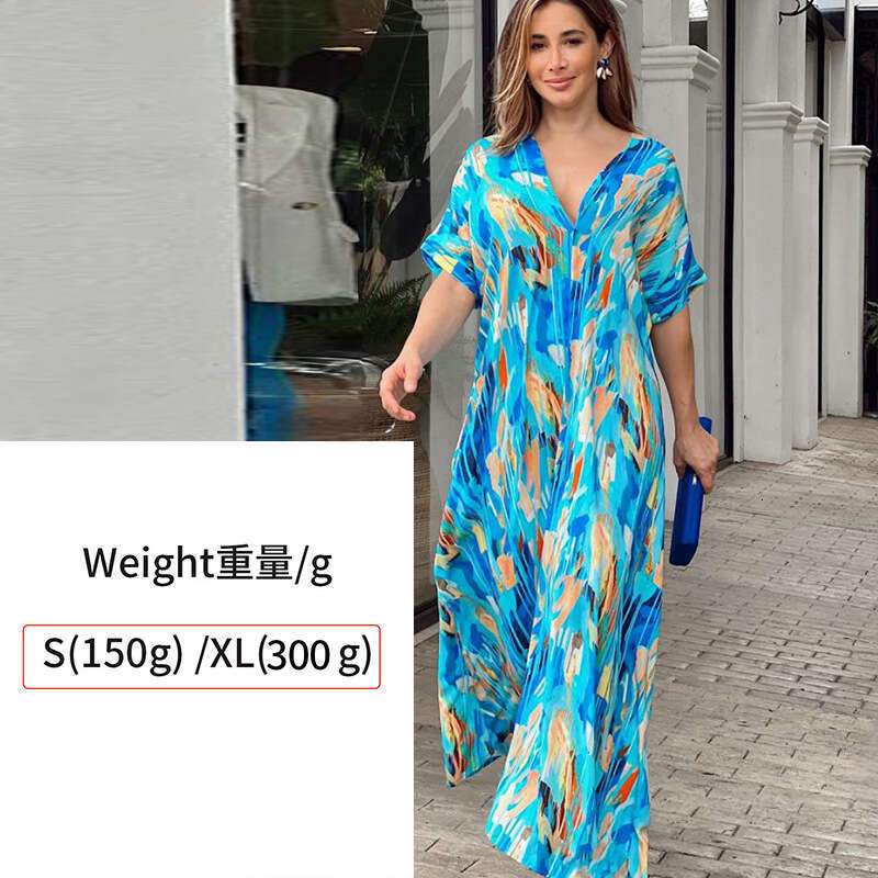 Summer New High-Waisted Fashion Printed Commuter Elegant Short-Sleeve Long Dress For Women B5