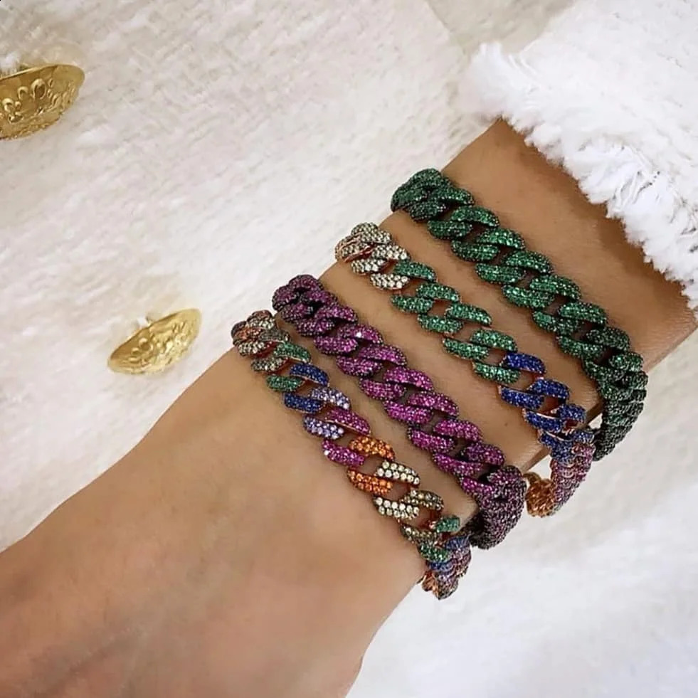 Women Hip Hop Colorful Cz Cuban Chain Bracelet 10mm Width Blue Red Green Cubic Zirconia Cuban Chain Bracelet Bangle For Women 250530