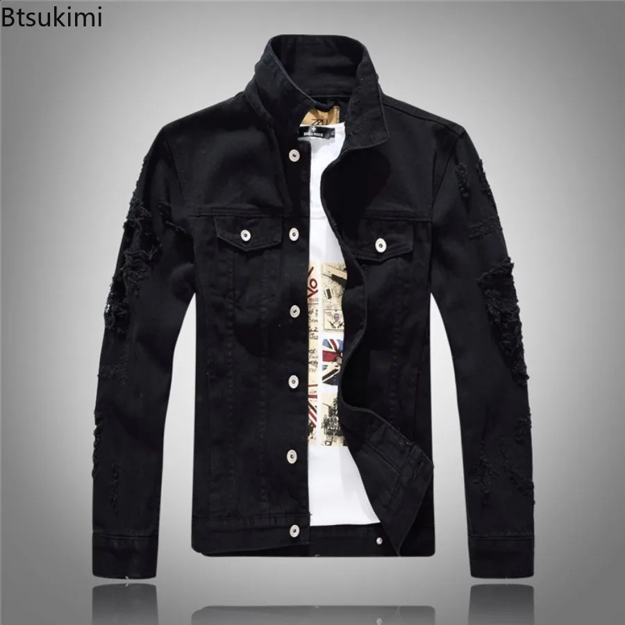 Mens Fashion Jeans Jacket Solid Spring Autumn Long Sleeves Cotton Denim Jacket Men Casual Ripped Hole Jean Coats Male 250529