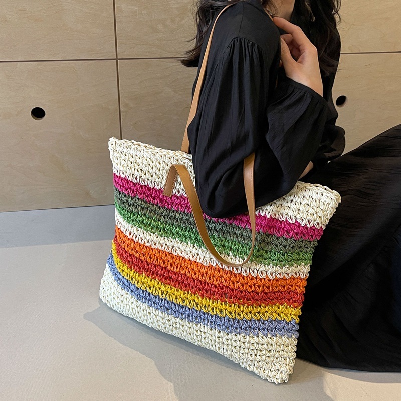 designer Rainbow Striped Straw Bag for Women 2025 New Forest Style Handwoven Beach Bag Seaside Vacation Shoulder Tote Bag