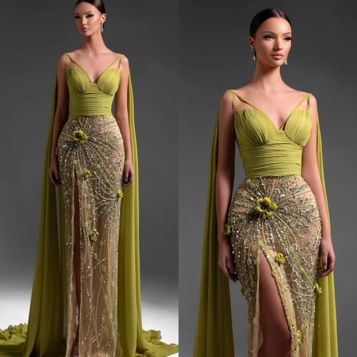 Modern Evening Dresses V Neck Sequins Prom Dress 3D Flowers Side Split Illusion Sleeveless See Through Mermaid Party Gowns Vestidos De Noche