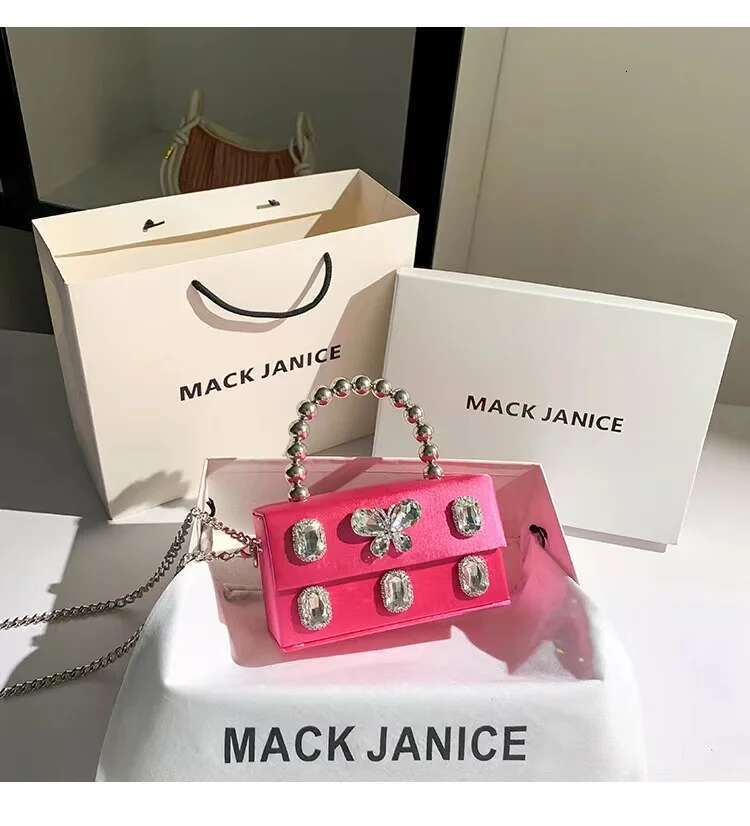 Hot Pink Satin Square Box Beaded Handle Women Handbag Crystal Shiny Dia Evening Wedding Party Clutch Purse Crossbody Bag