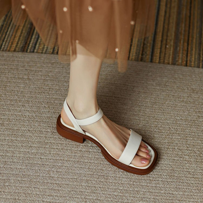 Plus Size French Style Brown Sandals Low Heel Roman Open Toe Strap Simple Comfortable Flat Women's Shoes ddmythur