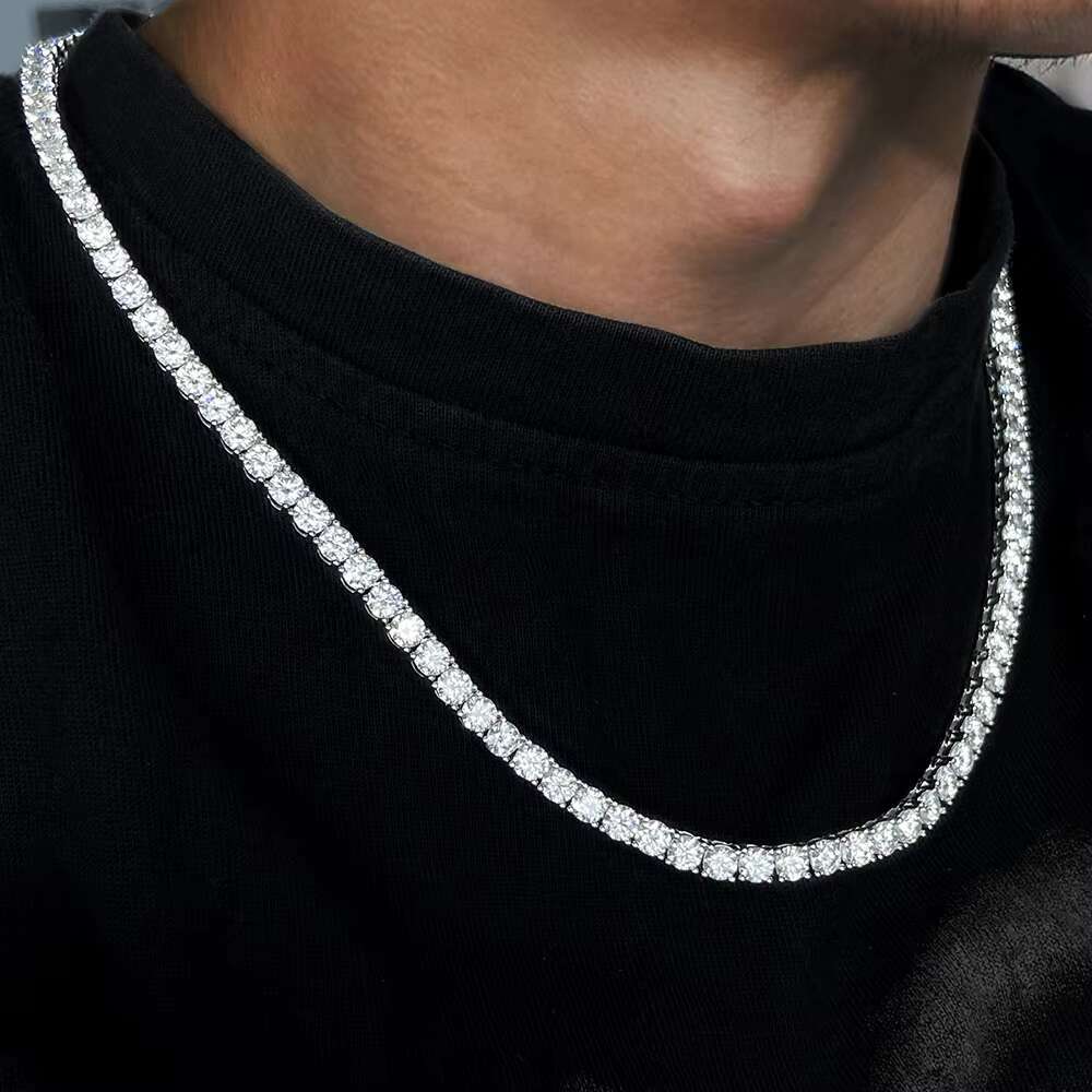 Iced Out Tennis Chain Rhodium Plated 925 Sterling Silver 3mm Moissanite Tennis Chain Hip Hop Necklaces Vvs Moissanite