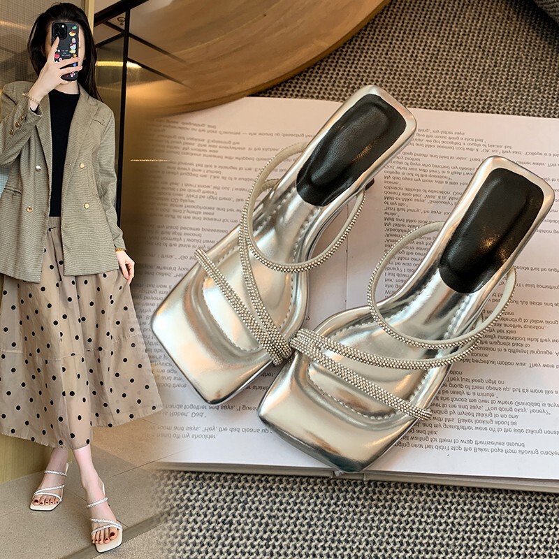 Rhinestone Sandals for Women, Elegant French Style, Thin Heels, Black, 2025 New Summer Model, Ultra-Comfortable Slippers, High Heels ddmythur
