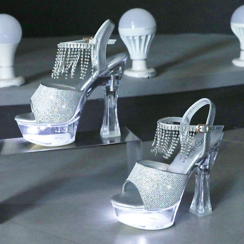Super High Heels Sequin 15Cm Extra Heels Chunky Waterproof Platform Extreme Tassel Super High Heel Sandals Glowing Platform High Heels